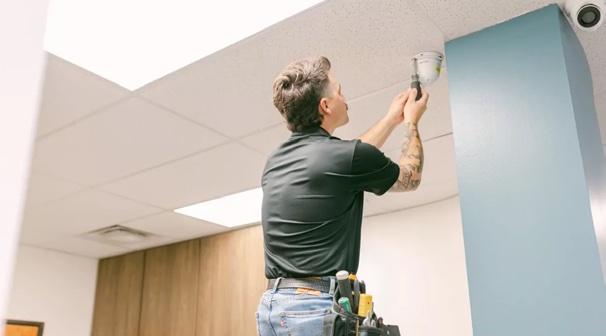 An A-1 Locksmith technician installing a ceiling-mounted security camera in an office