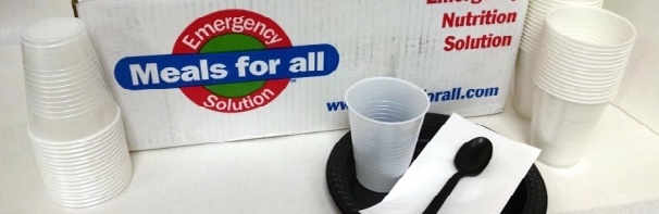 A Meals for All case packed with cups, cutlery and napkins ready for distribution